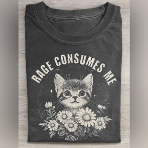 “Rage Consumes Me” Acid Wash Cat Graphic T-Shirt